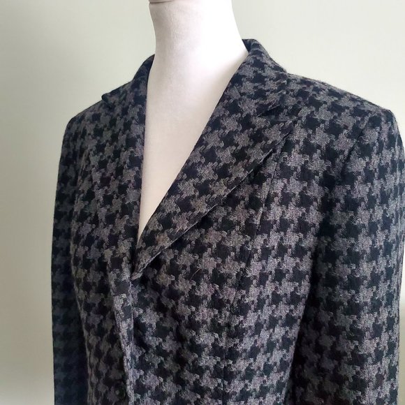 70% Wool Suit Blazer Jacket Houndstooth Pattern Black Gray Tailored Career Wear - Picture 2 of 8